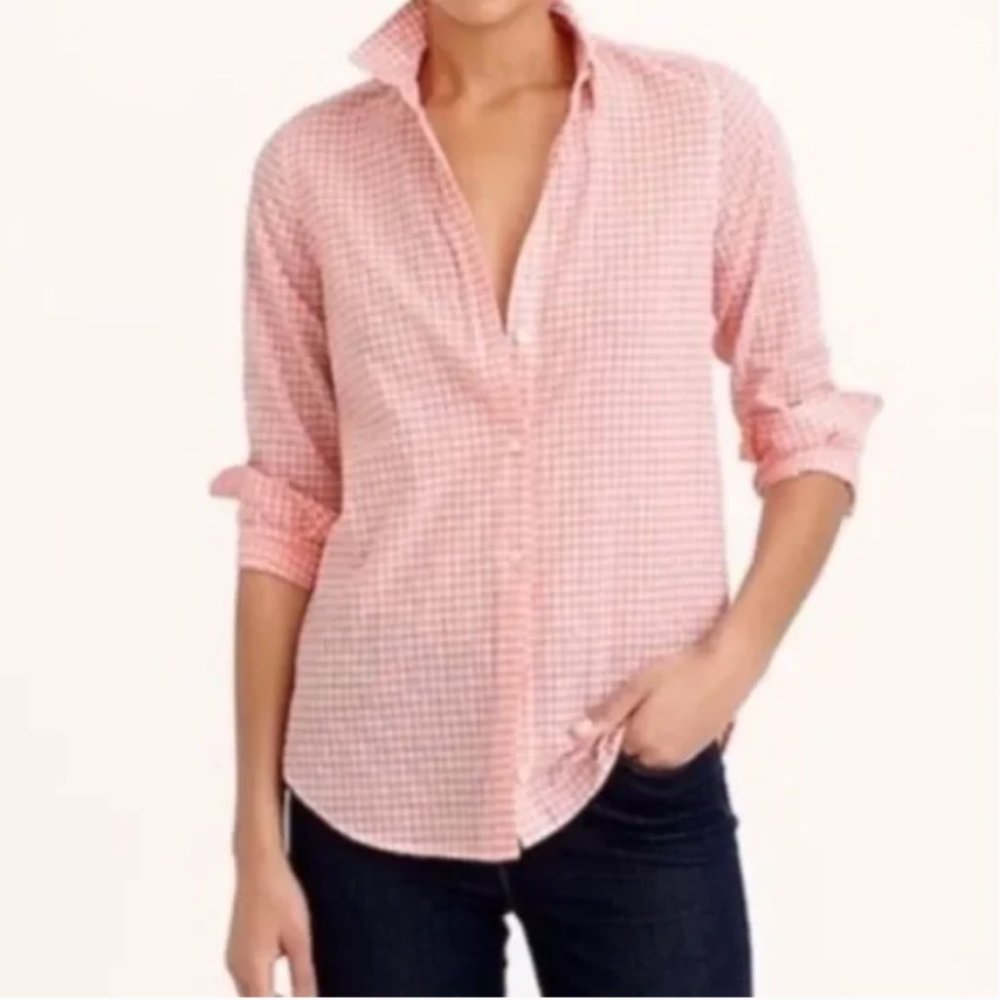 J. Crew Pink and White Gingham Button Down Boyfriend Shirt | Size 6